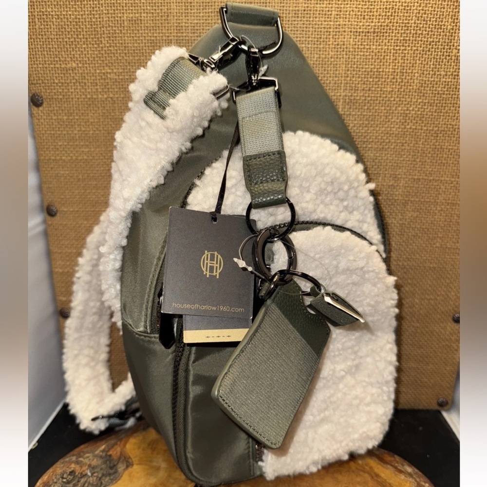 House of Harlow 1960 Olive Green Sherpa Winter Sling Backpack NWT